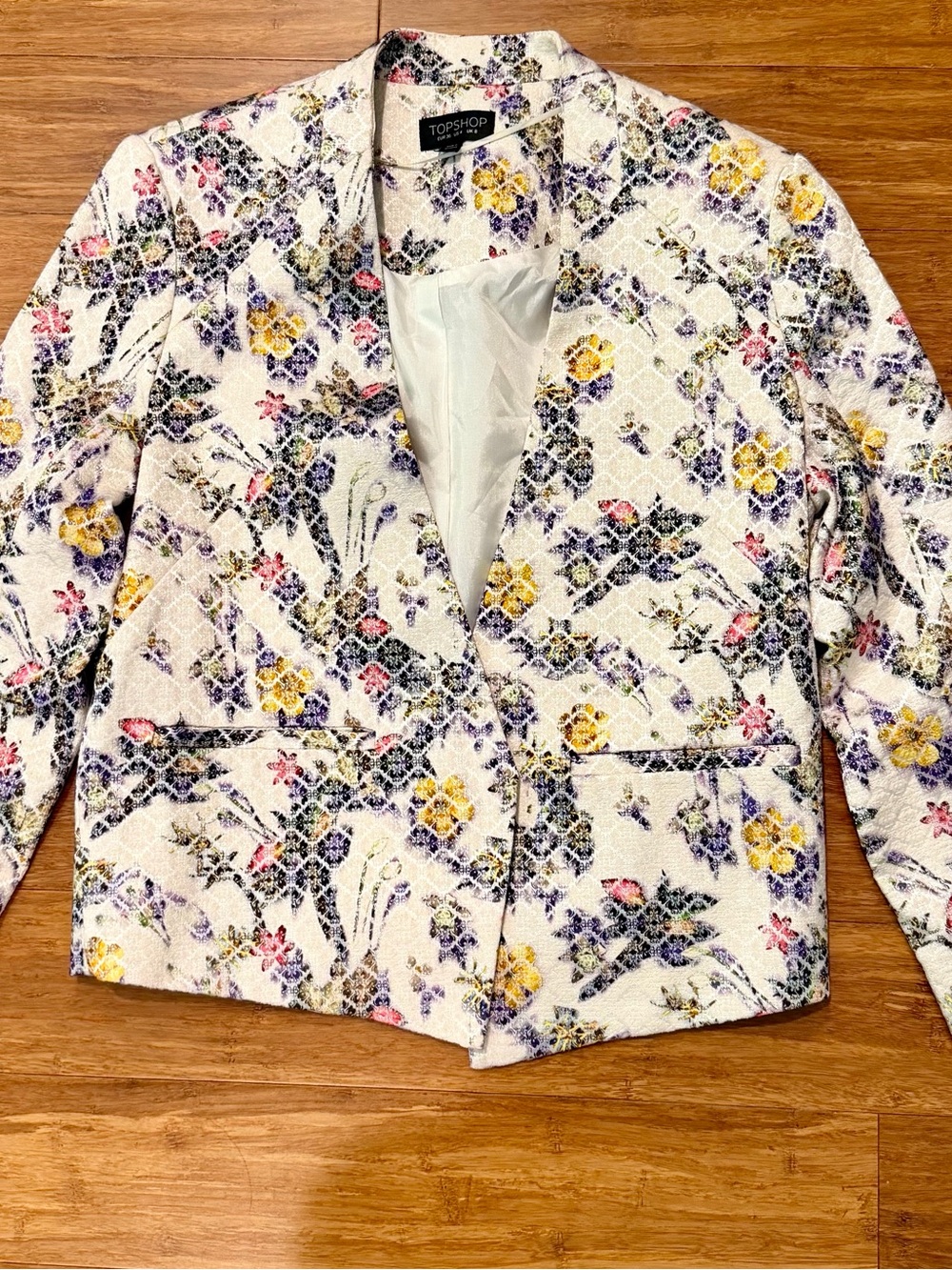 TOPSHOP Cream Floral Textured Blazer with Yellow & Purple Accents